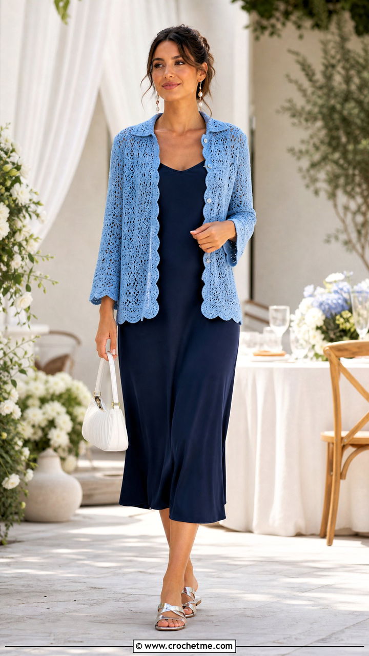 Scalloped Hem Crochet Button Up Shirt Over A Slip Dress - 35 crochet button up shirt outfit ideas