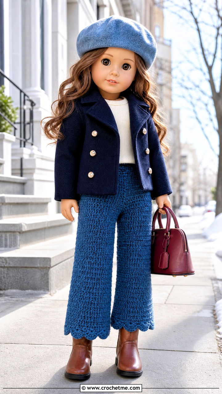 Scalloped Hem Crochet Doll Pants With Peacoat - 35 crochet doll pants outfit ideas