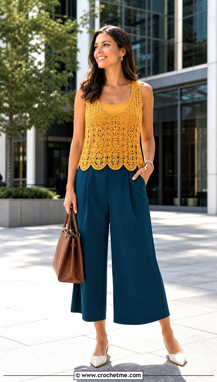 Scalloped Hem Crochet Jumper With Wide Culottes - 30 simple crochet jumper outfit ideas