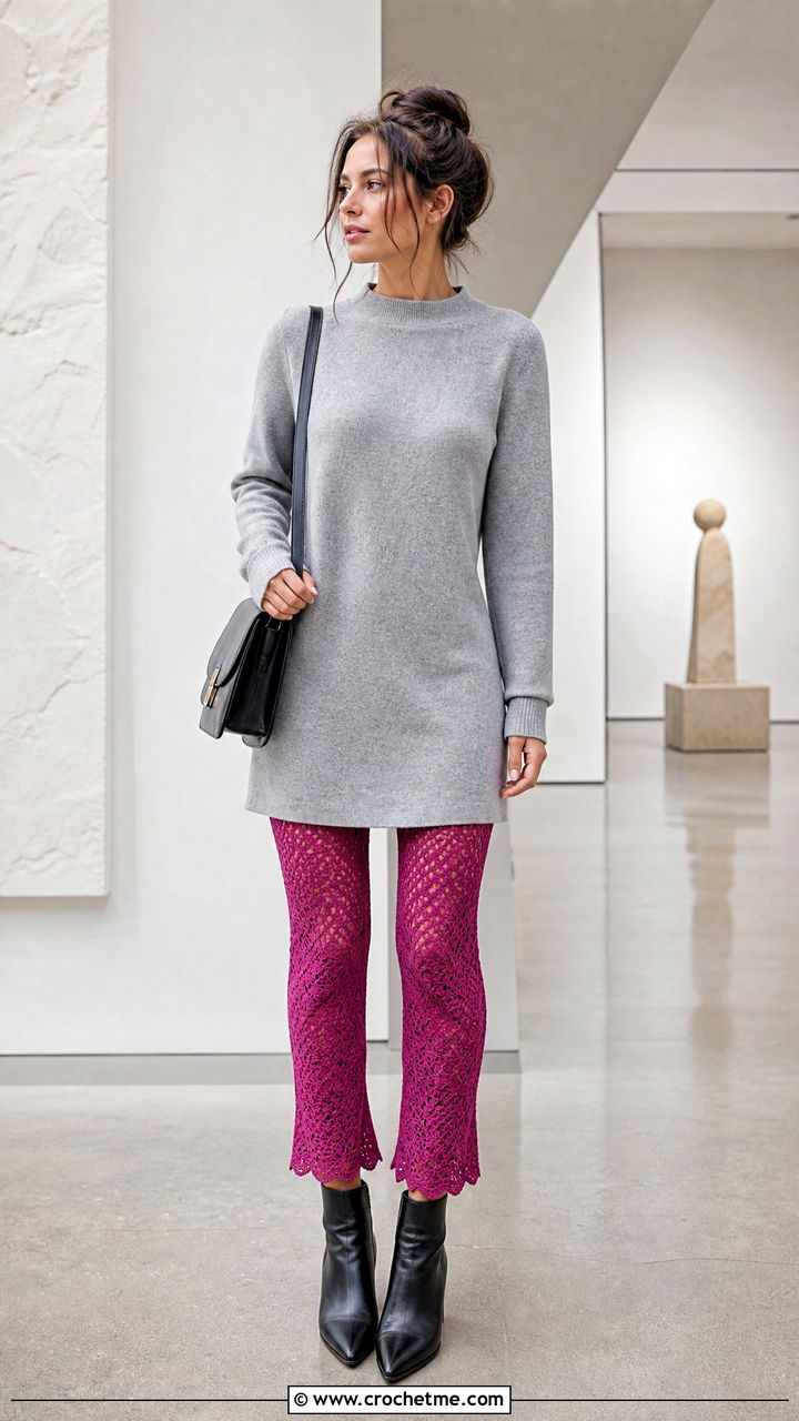 Scalloped Hem Crochet Leggings With Sweater Dress - 35 crochet leggings outfit ideas