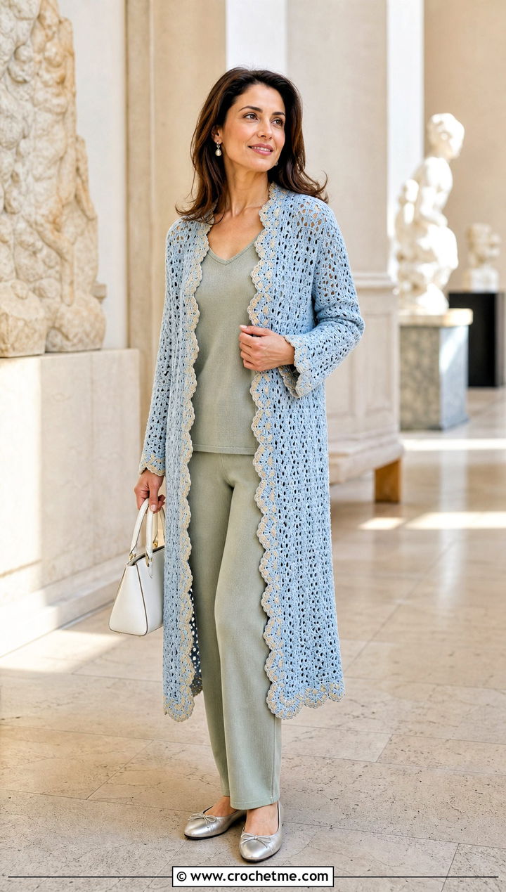 Scalloped Hem Crochet Long Cardigan With Knit Set - 20 Crochet Long Lacy Cardigan outfit ideas