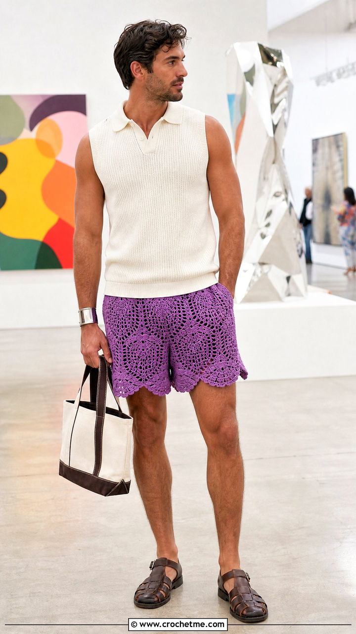 Scalloped Hem Crochet Mens Shorts With Sleeveless Knit - 35 Crochet Mens Shorts outfit ideas