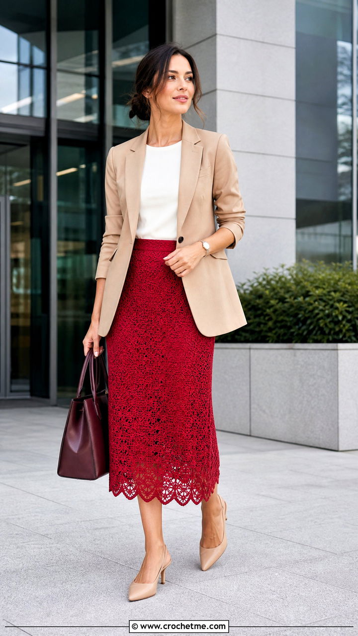 Scalloped Hem Crochet Midi Skirt With Blazer - 35 crochet midi skirt outfit ideas