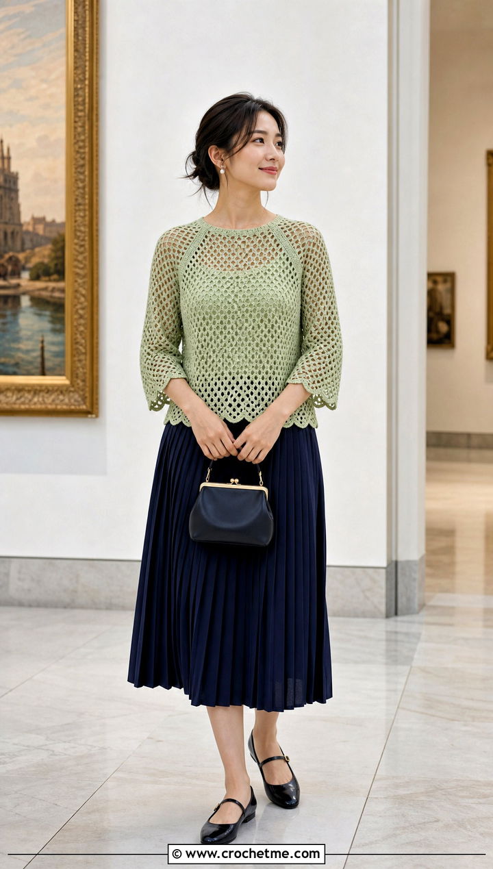 Scalloped Hem Crochet Raglan Mesh Top With Pleated Midi Skirt - 25 Crochet Raglan Mesh Top outfit ideas