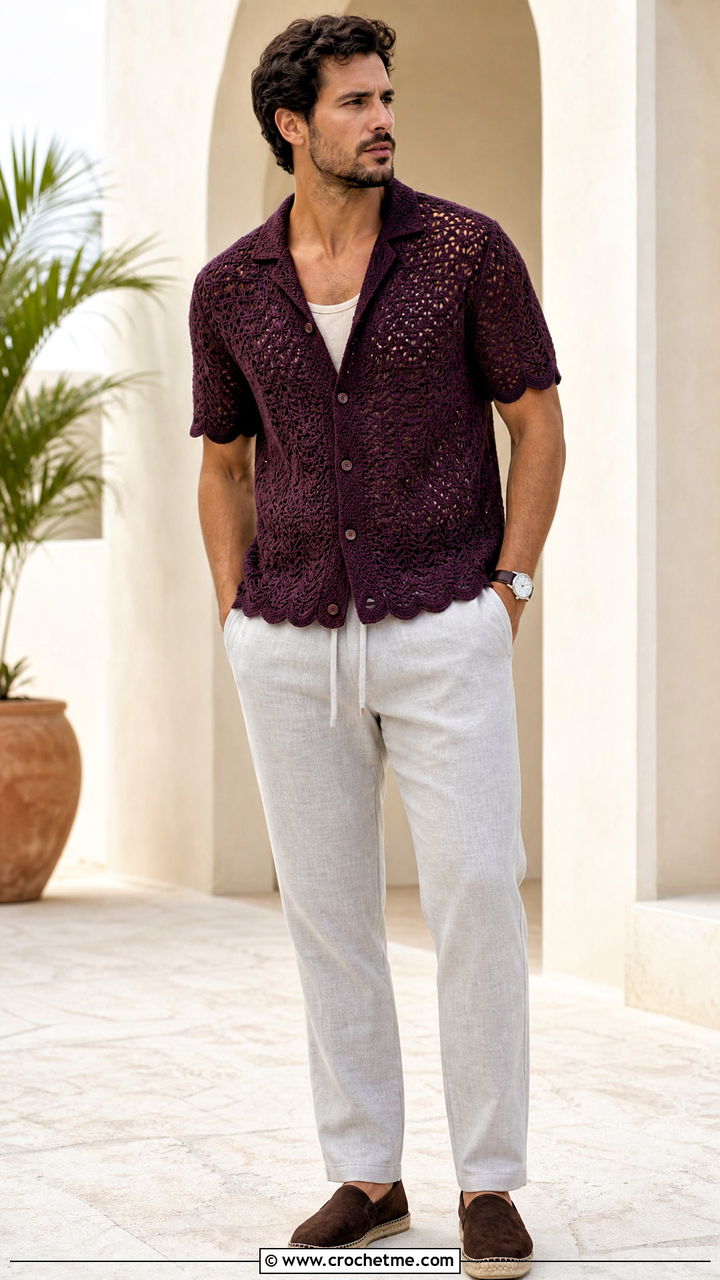 Scalloped Hem Crochet Shirt With Drawstring Trousers - 35 crochet shirt men outfit ideas