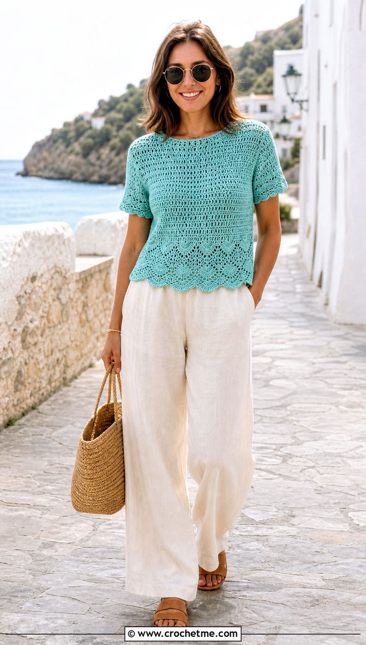 Scalloped Hem Crochet Short Sleeve Sweater With Linen Pants - 25 Crochet Short Sleeve Sweater outfit ideas