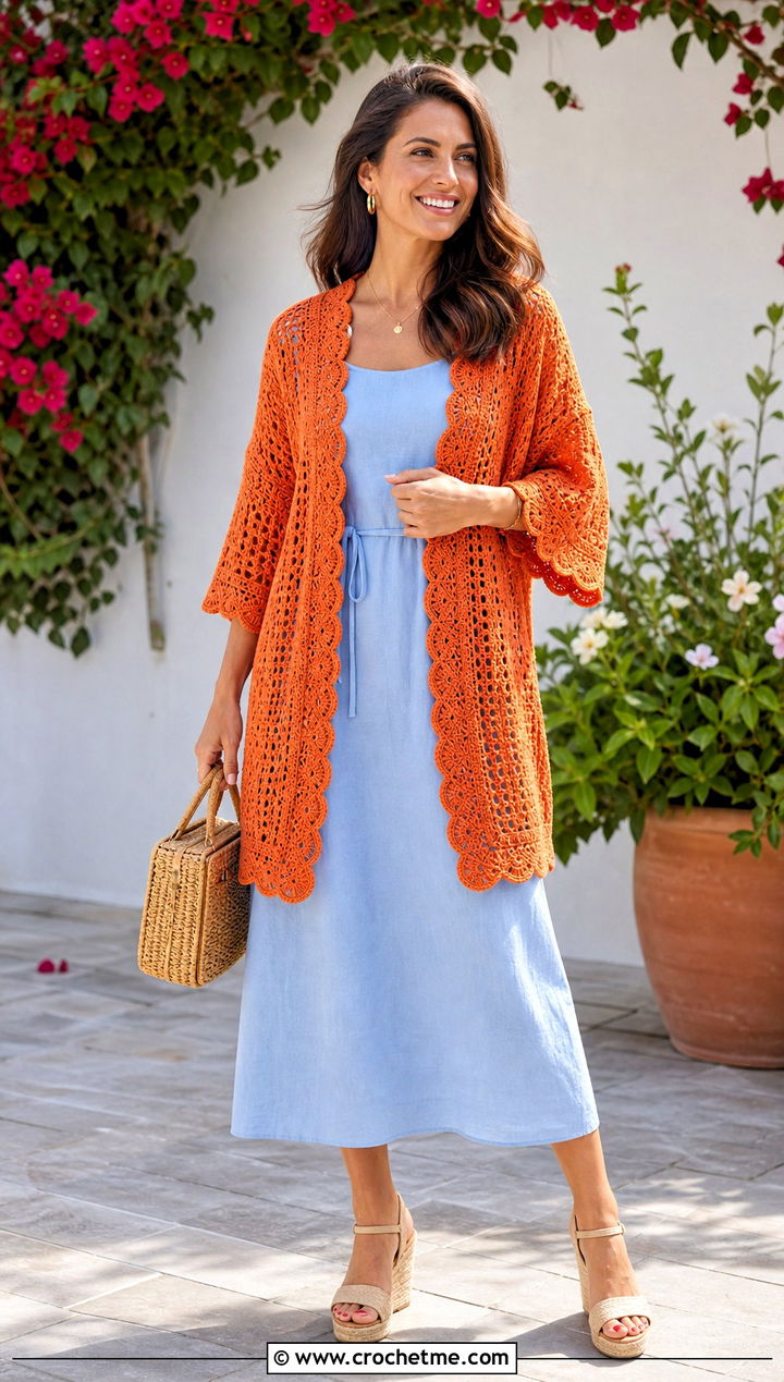 Scalloped Hem Crochet Summer Kimono With Linen Dress - 30 crochet summer kimono outfit ideas