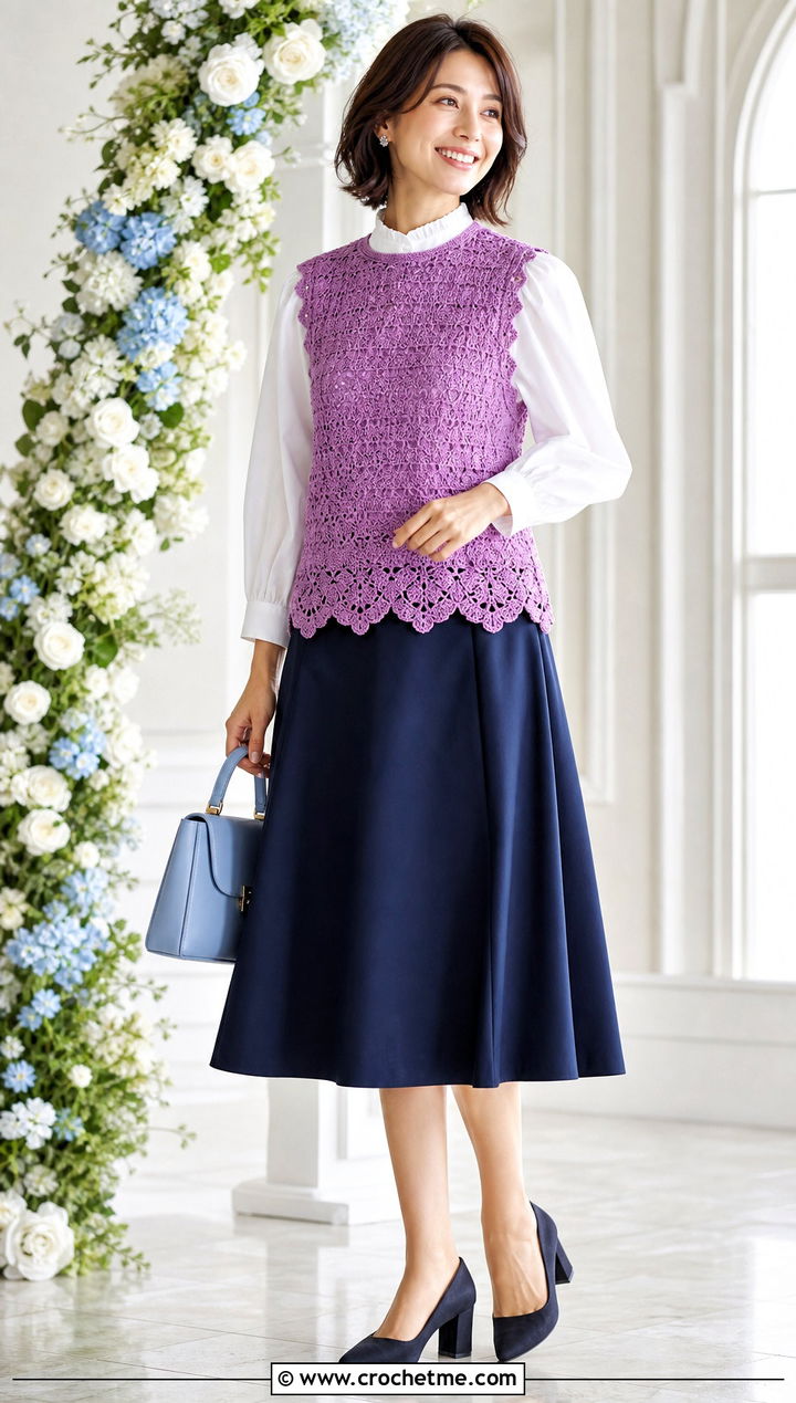 Scalloped Hem Crochet Sweater Vest With A Line Skirt - 25 diy crochet sweater vest outfit ideas