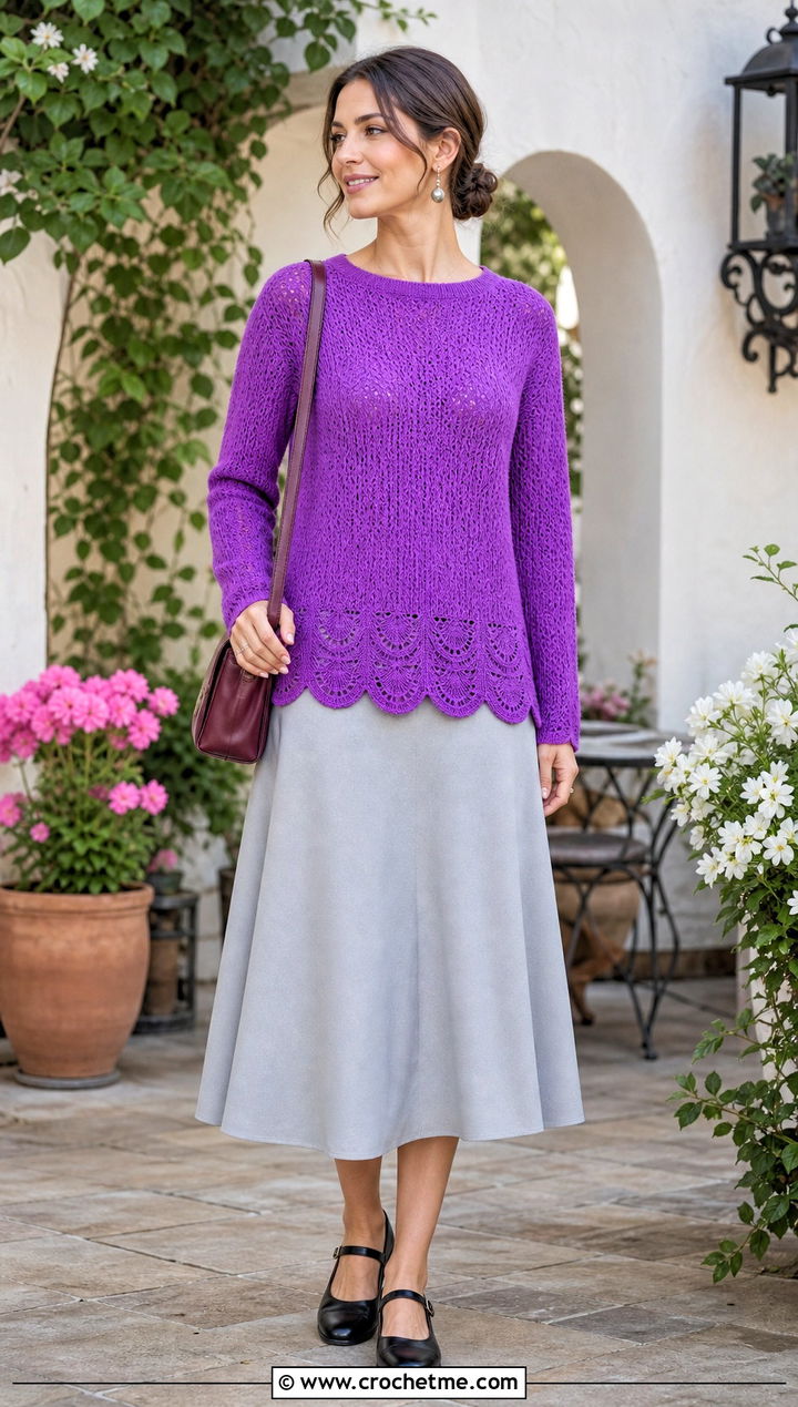 Scalloped Hem Crochet Sweater With A Line Skirt - 25 handmade crochet sweater outfit ideas