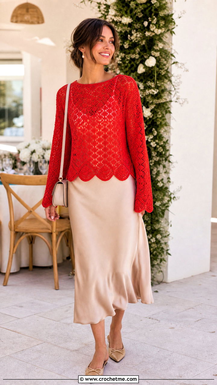 Scalloped Hem Crochet Sweater With Bias Cut Midi Skirt - 35 crochet sweaters outfit ideas