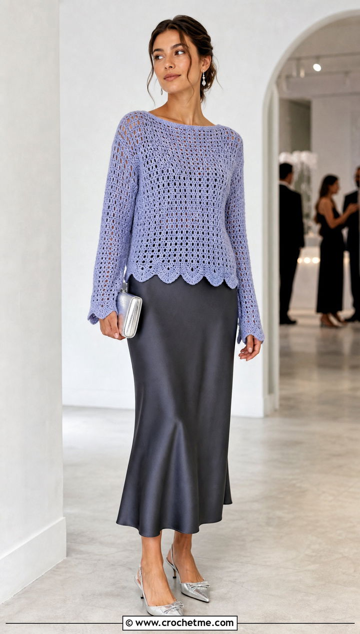 Scalloped Hem Crochet Sweater With Satin Slip Skirt - 25 Basic Crochet Sweater outfit ideas