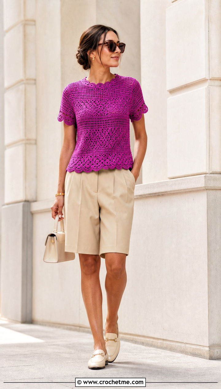 Scalloped Hem Crochet Tee With Tailored Shorts - 35 crochet tee outfit ideas