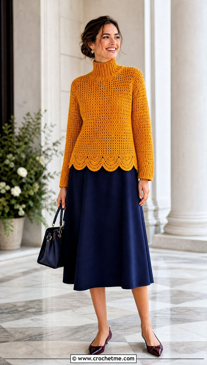 Scalloped Hem Crochet Turtleneck Sweater With A Line Skirt - 30 crochet turtleneck sweater outfit ideas
