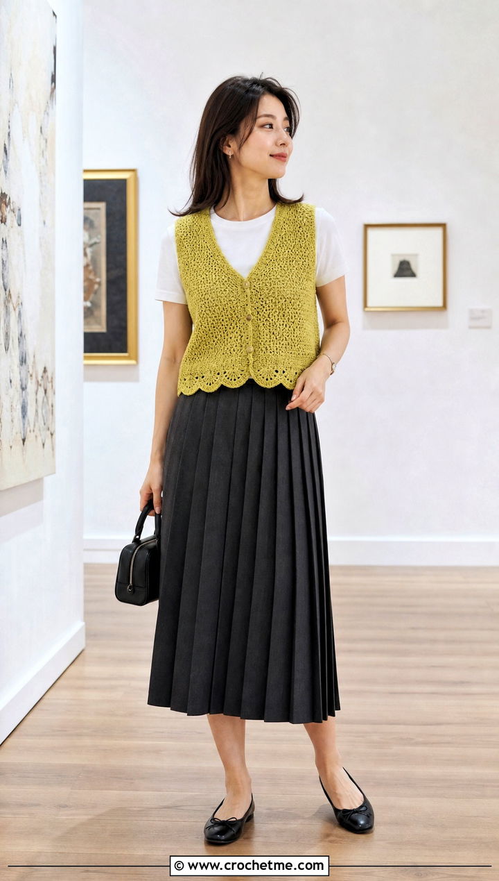 Scalloped Hem Crochet Vest With a Pleated Skirt - 20 Lacy Crochet Vest outfit ideas