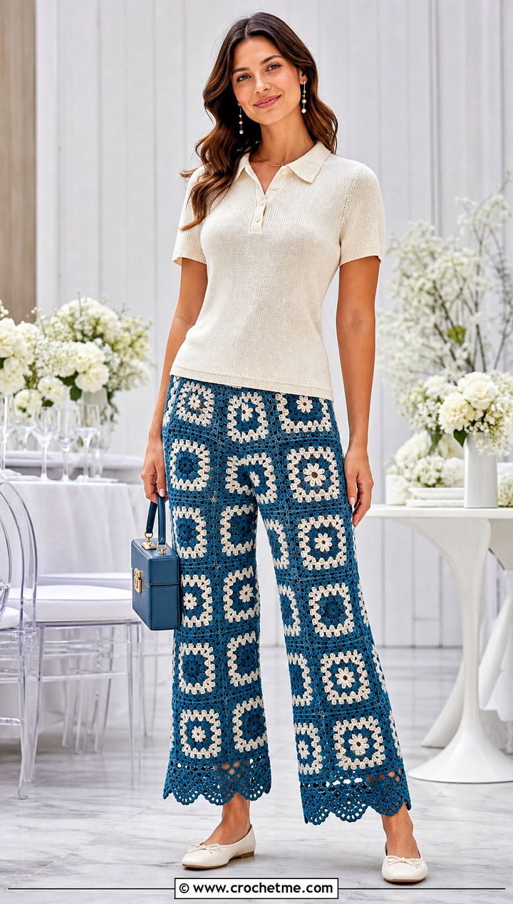 Scalloped Hem Granny Square Trousers With Knit Polo - 35 granny square trousers outfit ideas