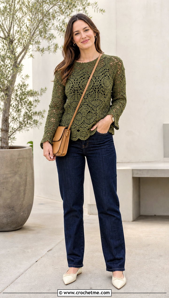 Scalloped Hem Lace Crochet Sweater With Straight Leg Jeans - 25 lace crochet sweater outfit ideas