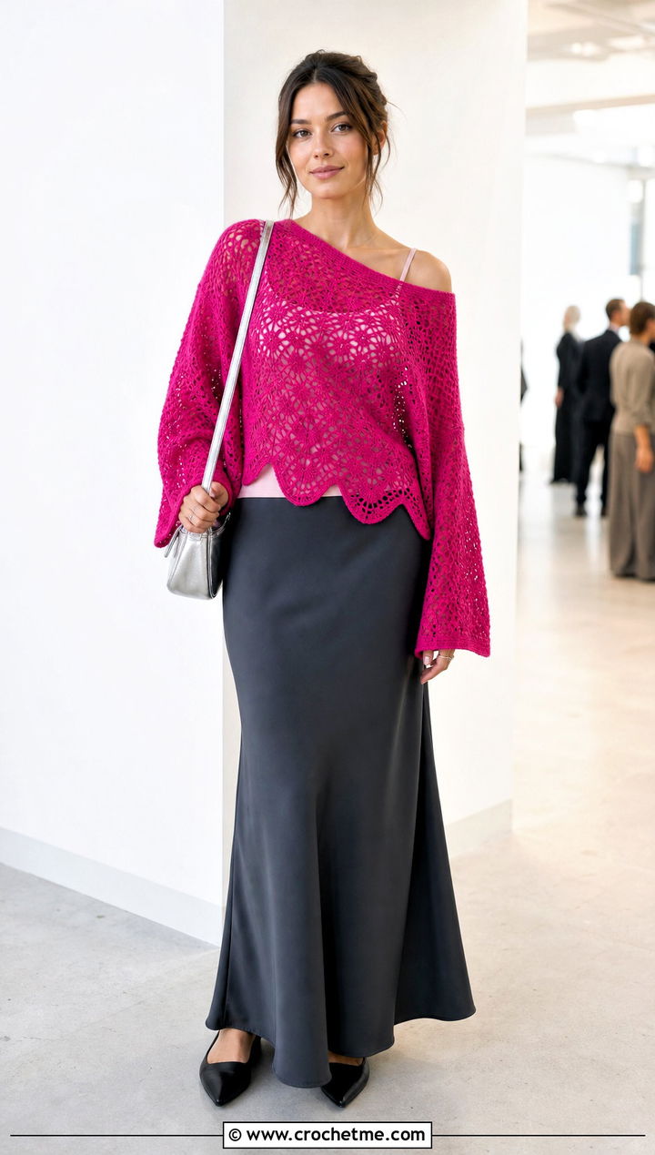 Scalloped Hem Loose Crochet Sweater With Bias Maxi Skirt - 30 loose crochet sweater outfit ideas