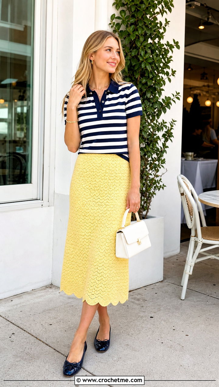 Scalloped Hem Midi Crochet Skirt With Striped Polo - 30 midi crochet skirt outfit ideas