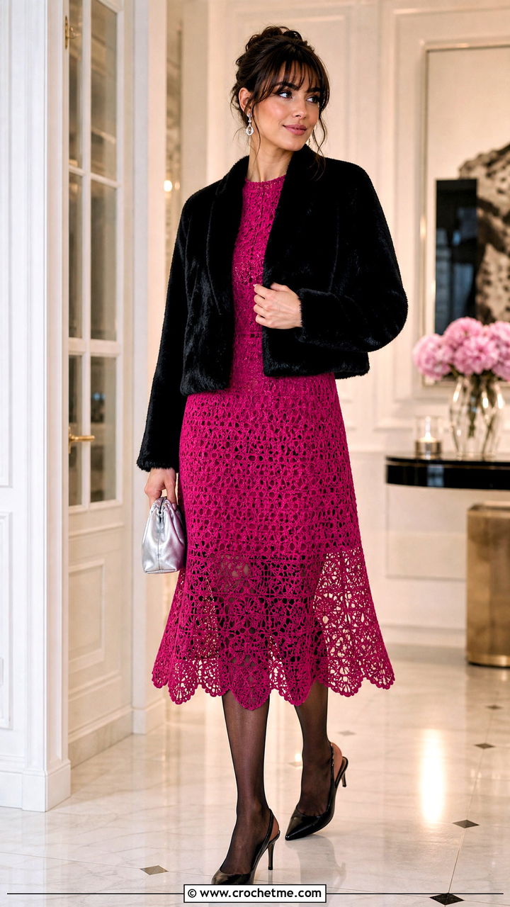 Scalloped Hem Midi Crochet Winter Dress With Faux Fur Jacket - 35 crochet winter dress outfit ideas