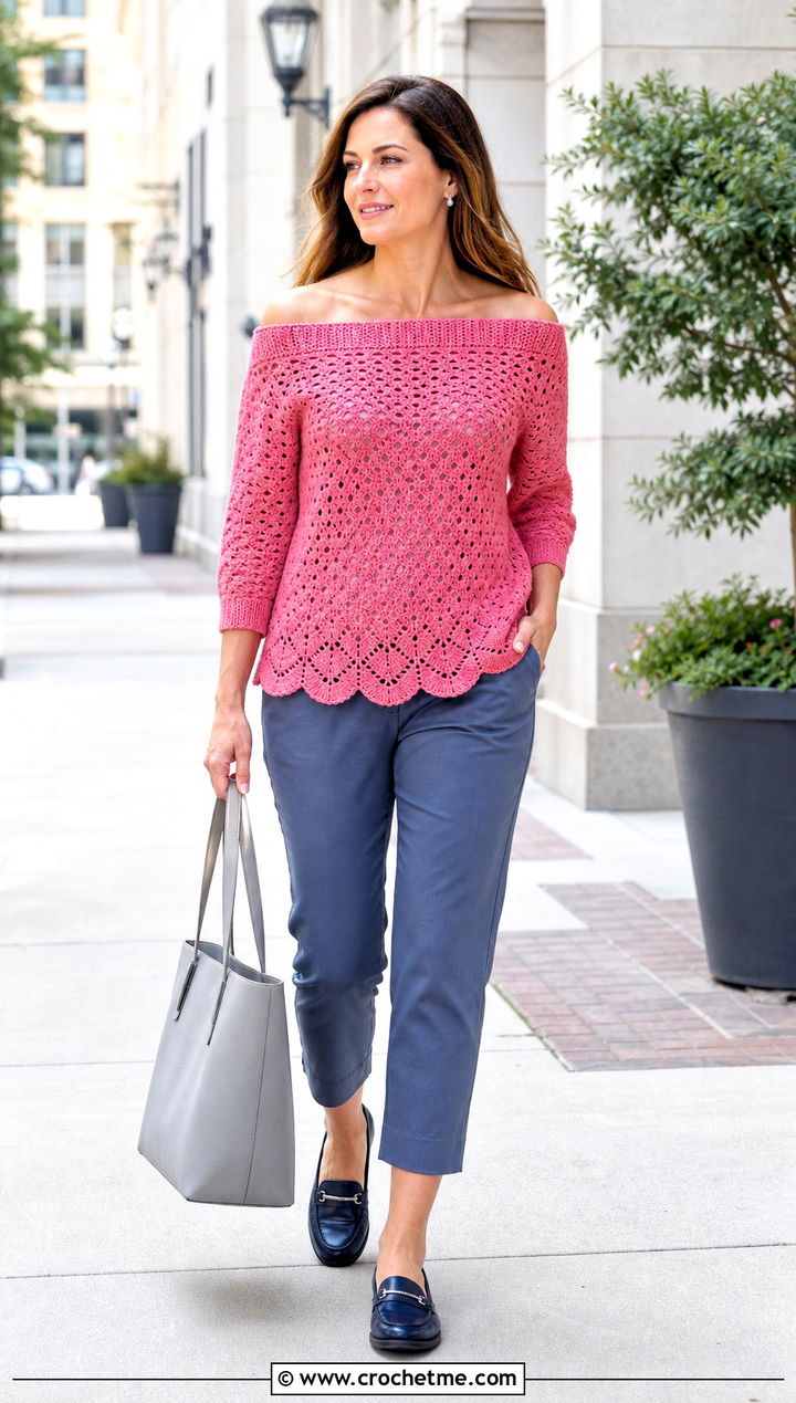 Scalloped Hem Off The Shoulder Crochet Sweater With Cropped Trousers - 30 off the shoulder crochet sweater outfit ideas