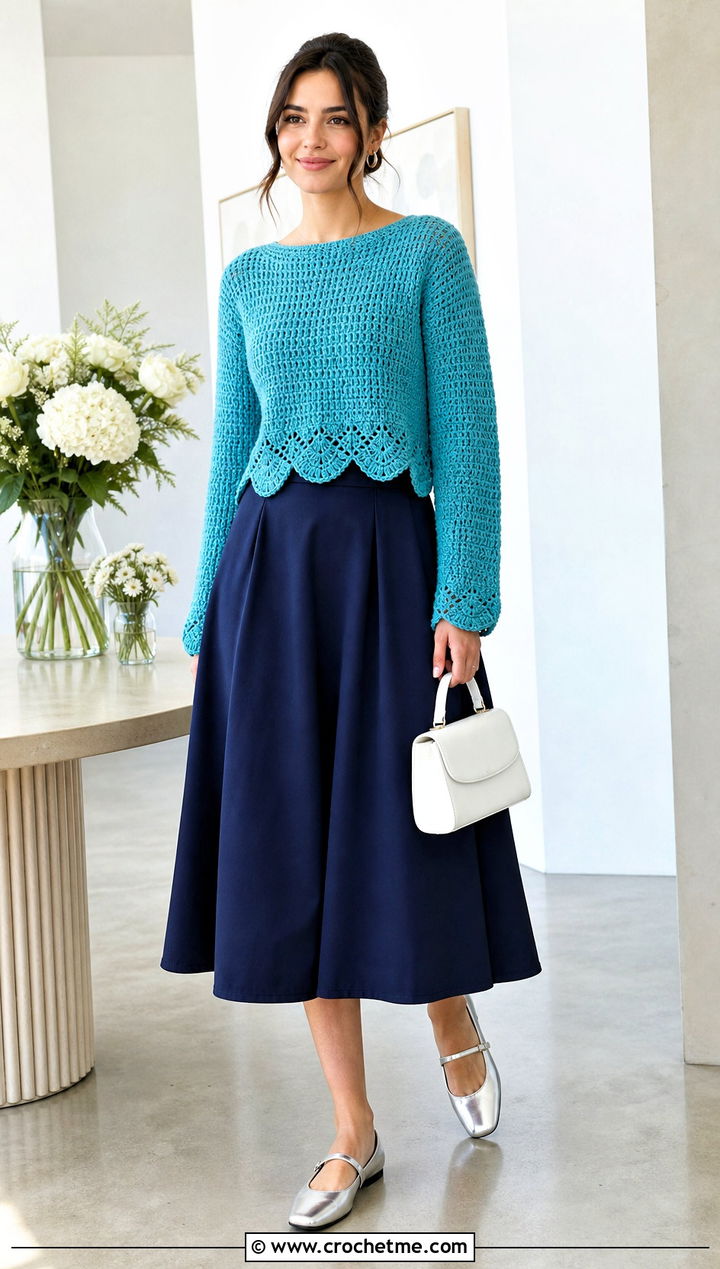 Scalloped Hem Pullover Crochet Sweater With A Line Skirt - 30 Pullover Crochet Sweater outfit ideas