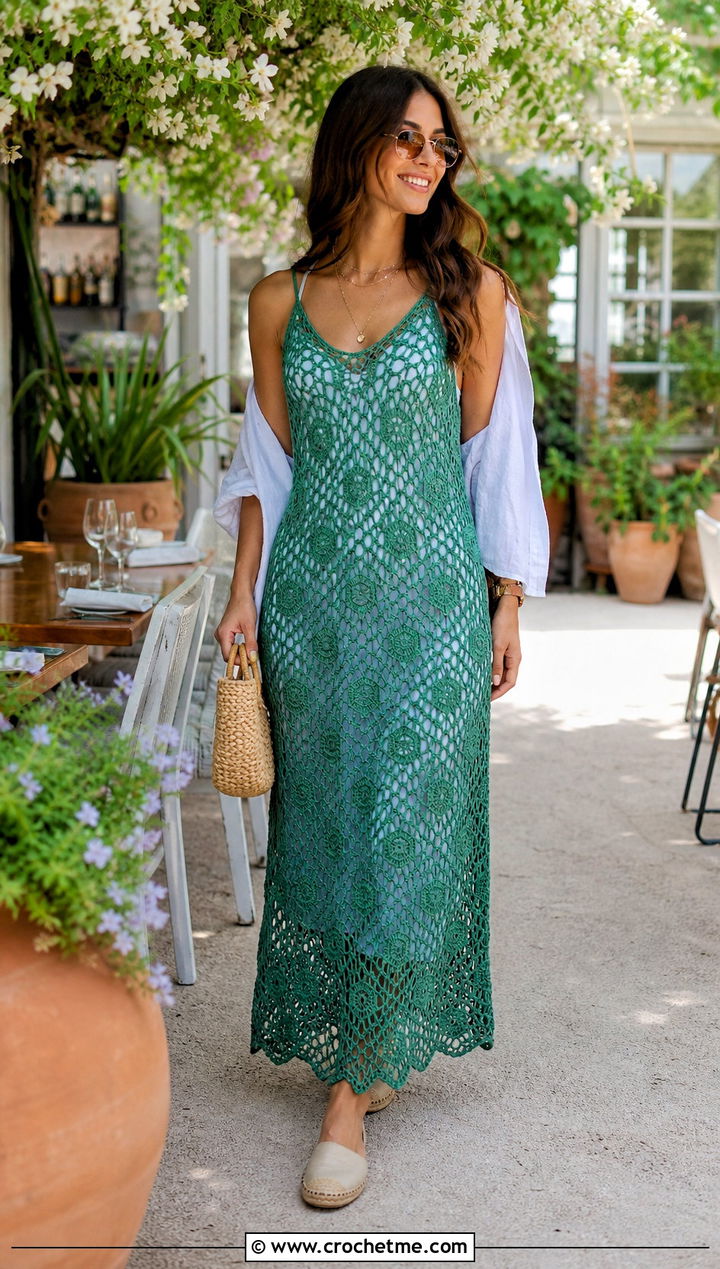 Scalloped Hexagon Crochet Sundress With Espadrilles - 25 hexagon crochet dress outfit ideas