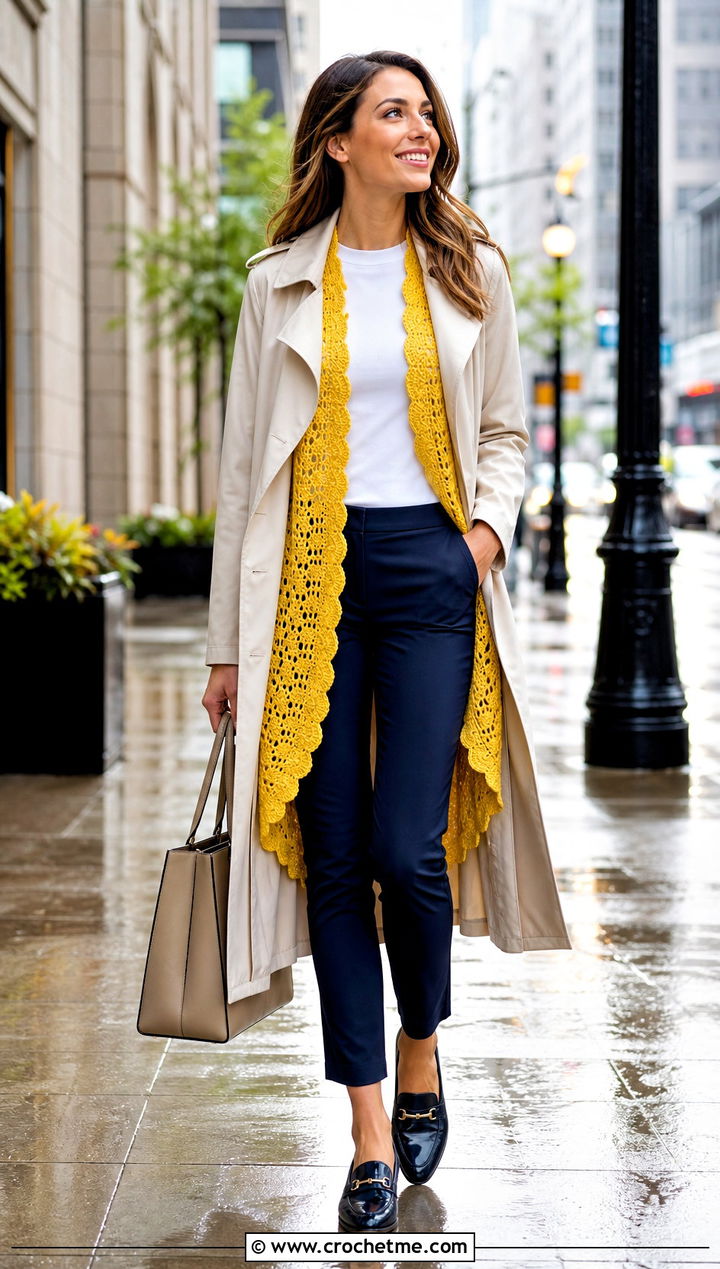 Scalloped High Low Crochet Cardigan With Trench Coat - 30 crochet asymmetrical cardigan outfit ideas