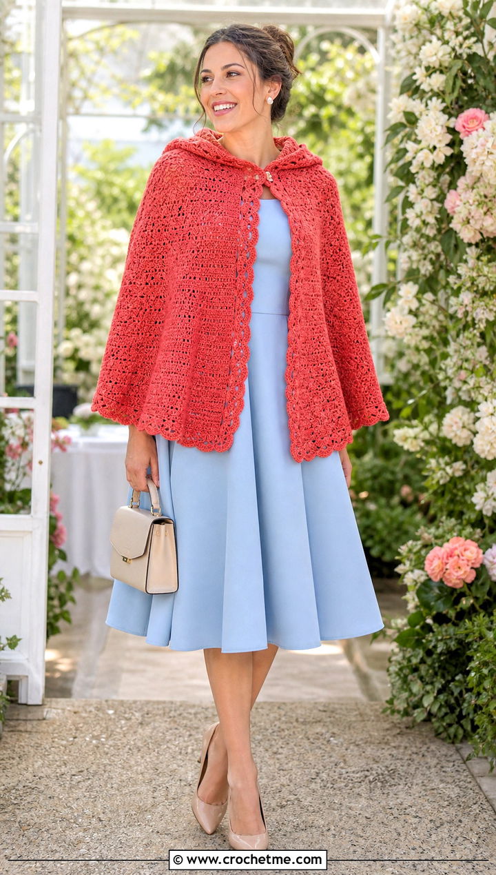 Scalloped Hooded Crochet Cape With Fit And Flare Dress - 25 Hooded Crochet Cape outfit ideas