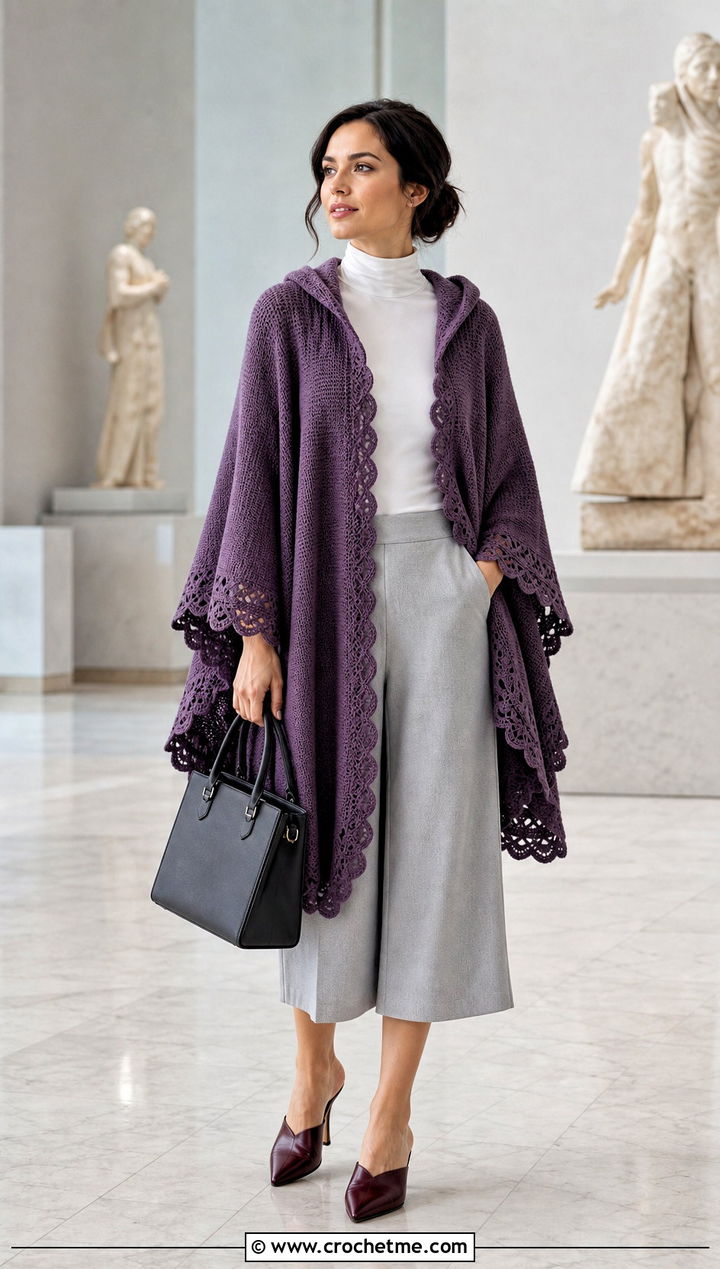 Scalloped Hooded Poncho With Culottes - 35 Crochet Hooded Poncho outfit ideas