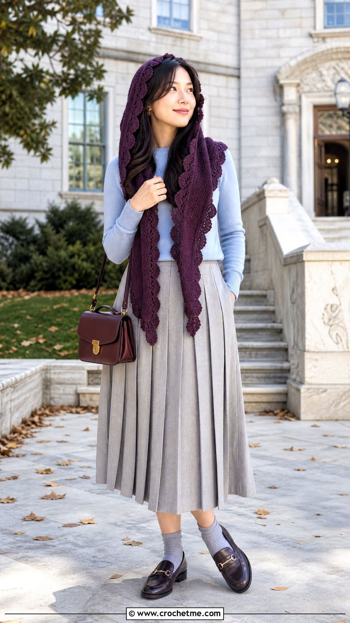 Scalloped Hooded Scarf With Pleated Midi Skirt - 35 crochet hooded scarf outfit ideas