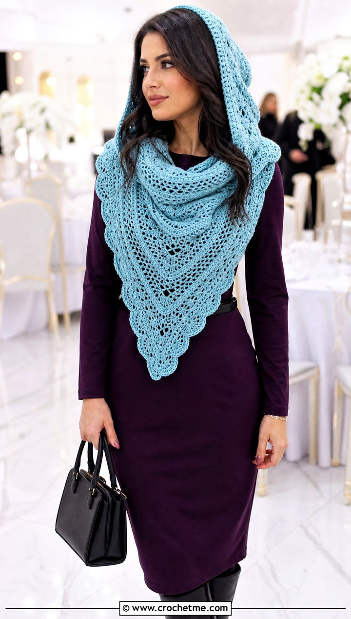 Scalloped Hooded Triangle Crochet Scarf With Midi Dress - 25 Hooded Triangle Crochet Scarf outfit ideas
