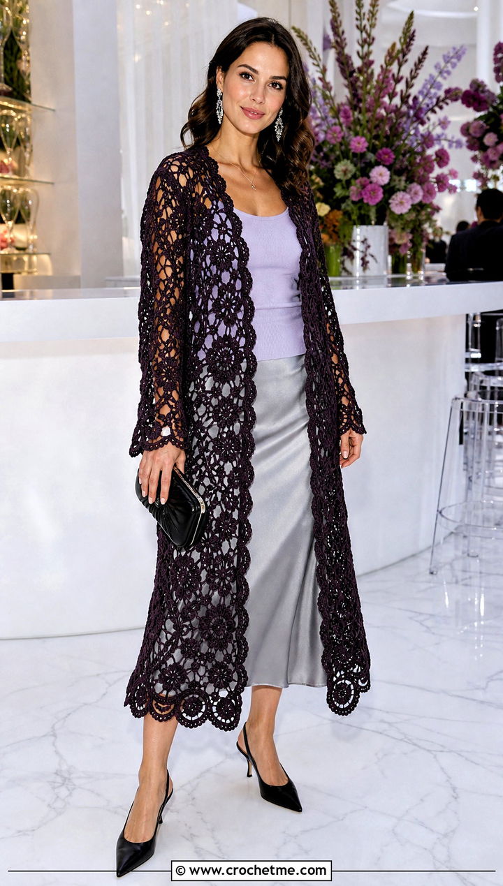 Scalloped Irish Crochet Coat With Satin Skirt - 25 irish crochet coat outfit ideas