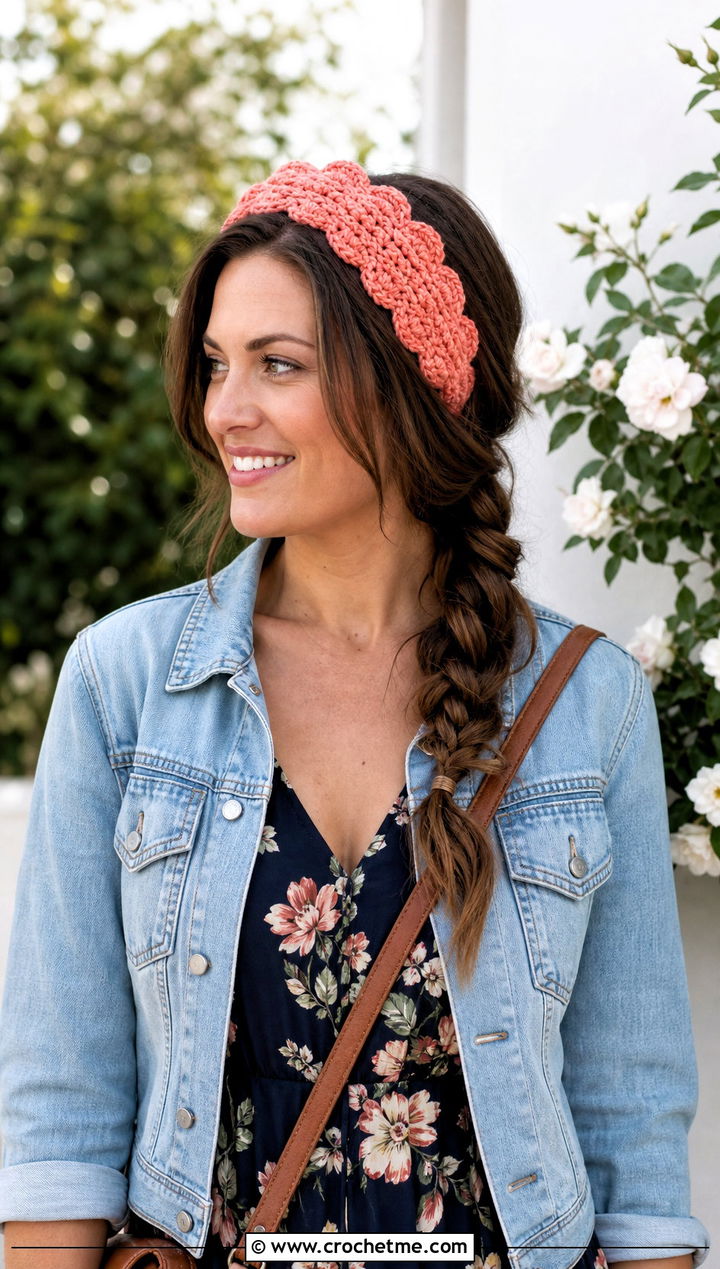 Scalloped Jasmine Stitch Headband With Floral Maxi Dress - 20 Crochet Jasmine Stitch Headband outfit ideas