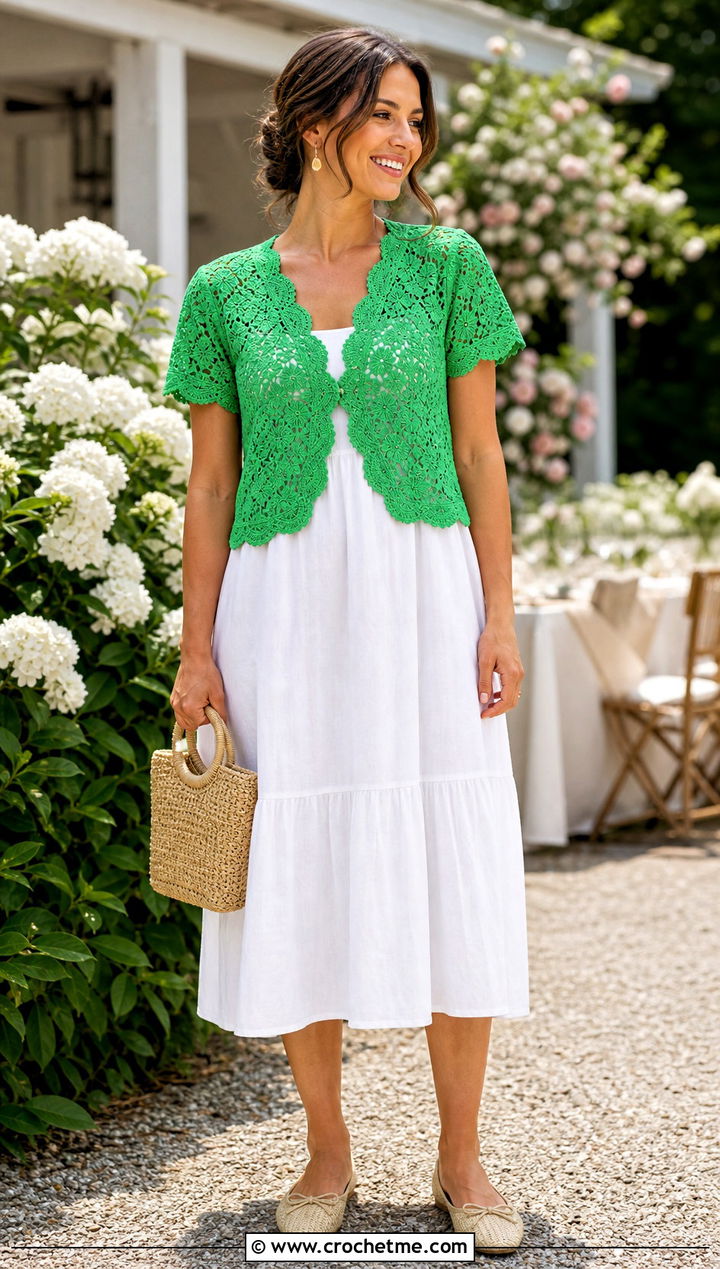 Scalloped Lace Cardigan With Cotton Sundress - 25 short sleeve summer crochet cardigan outfit ideas