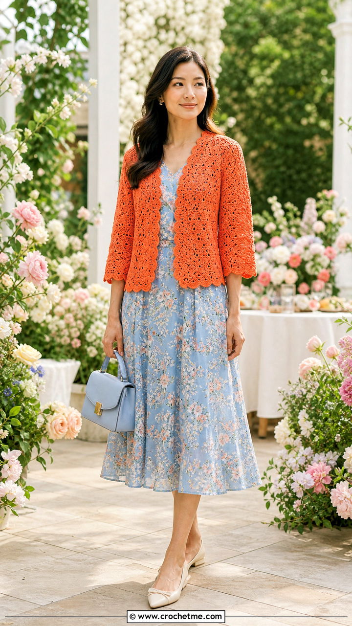 Scalloped Lace Cardigan With Floral Midi Dress - 35 crochet lace cardigan outfit ideas