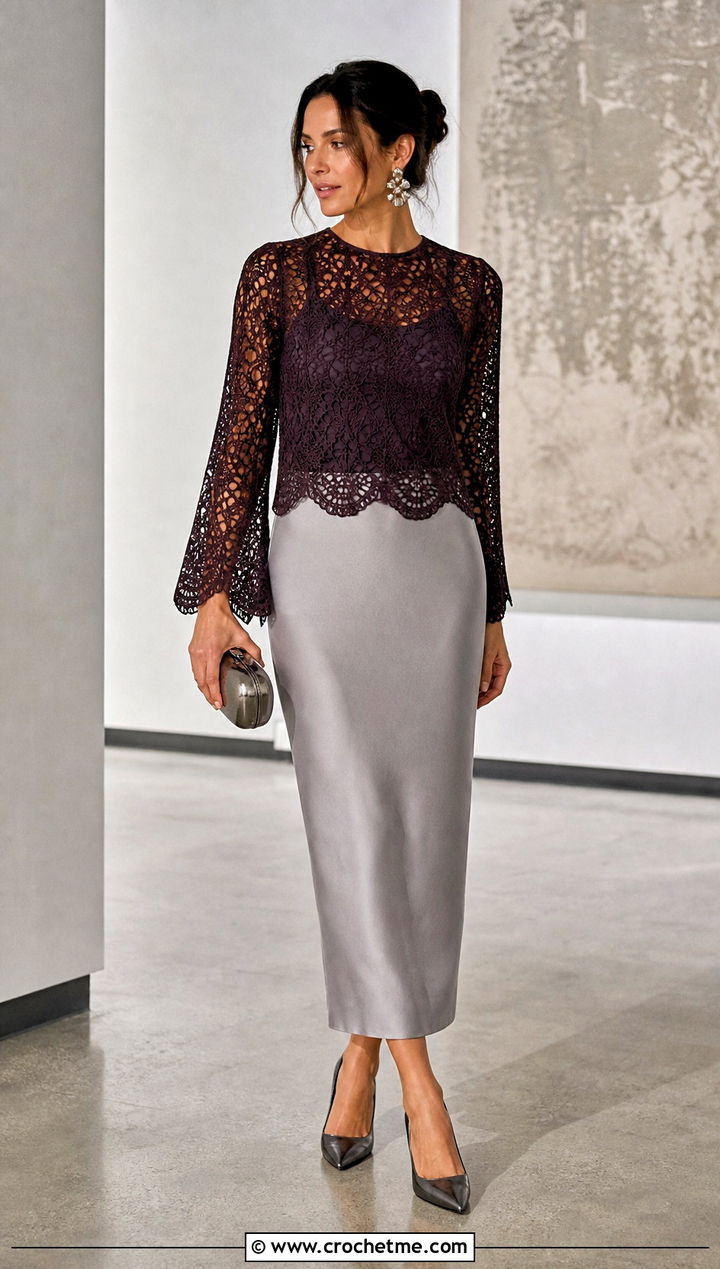 Scalloped Lace Crochet Bell Sleeve Top With Column Skirt - 15 crochet bell sleeve top outfit ideas