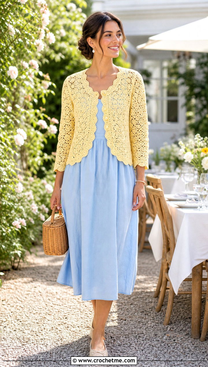 Scalloped Lace Crochet Cardigan With Sundress - 15 summer crochet cardigan design outfit ideas