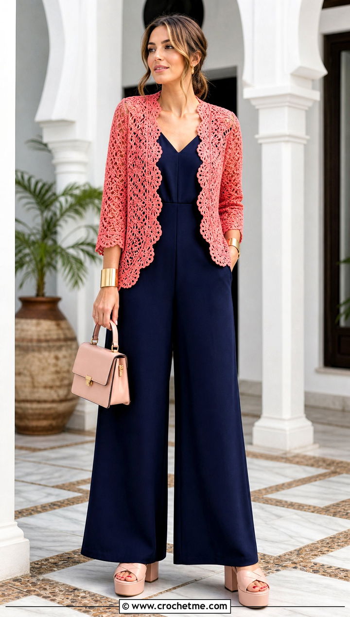 Scalloped Lace Crochet Cardigan With Wide Leg Jumpsuit - 15 Lacey Crochet Cardigan outfit ideas