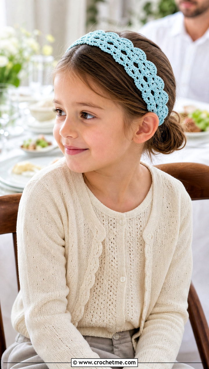 Scalloped Lace Crochet Child Headband With Cardigan Set - 20 Crochet Childs Headband outfit ideas