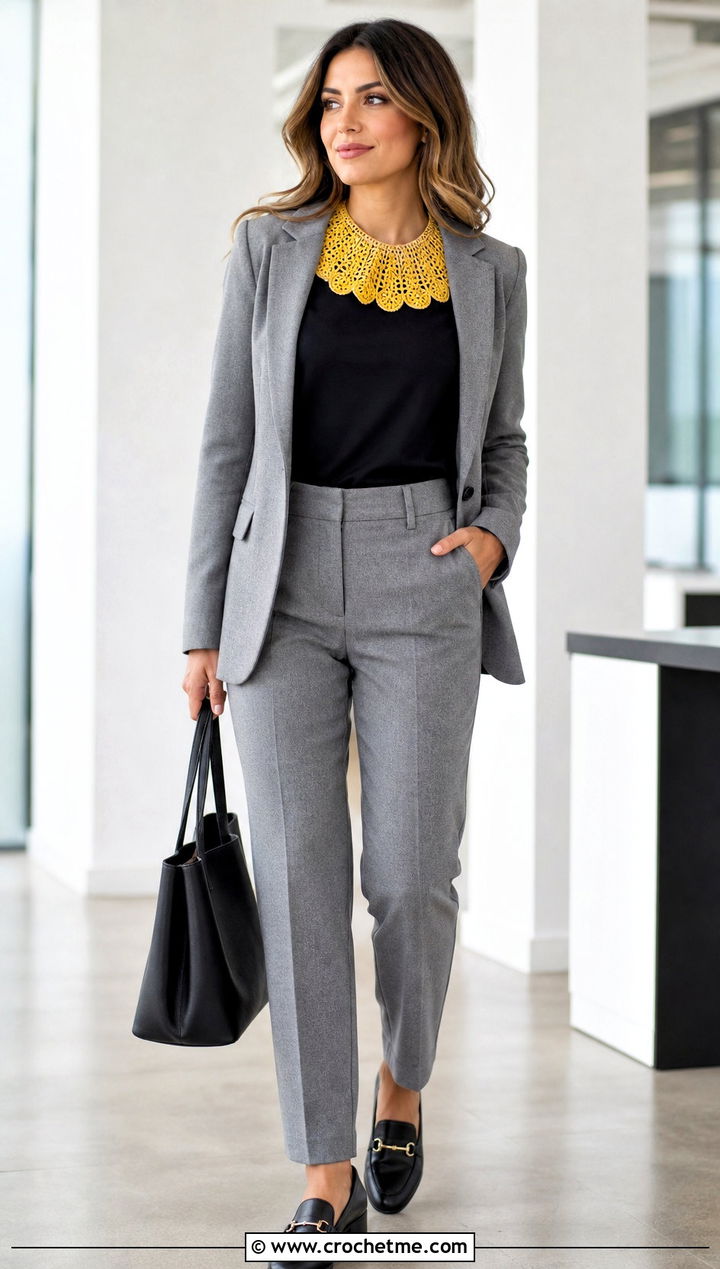 Scalloped Lace Crochet Collar With Blazer And Trousers - 25 Lace Crochet Collar outfit ideas