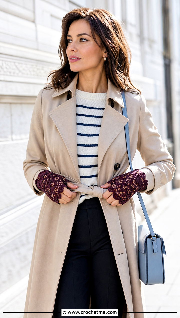 Scalloped Lace Crochet Fingerless Gloves With Trench Coat - 25 Lace Crochet Fingerless Gloves outfit ideas