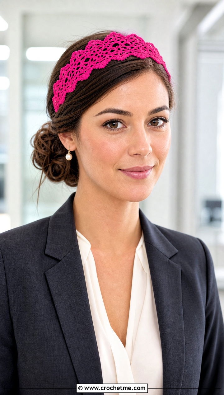 Scalloped Lace Crochet Headband With Blazer - 30 crochet fall headband outfit ideas