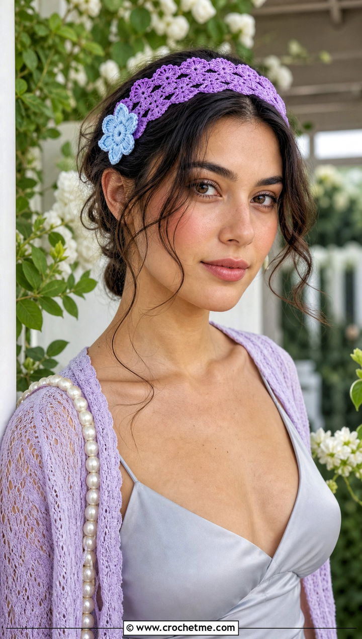 Scalloped Lace Crochet Headband With Blue Flower And Slip Dress - 15 crochet headband with blue flower outfit ideas