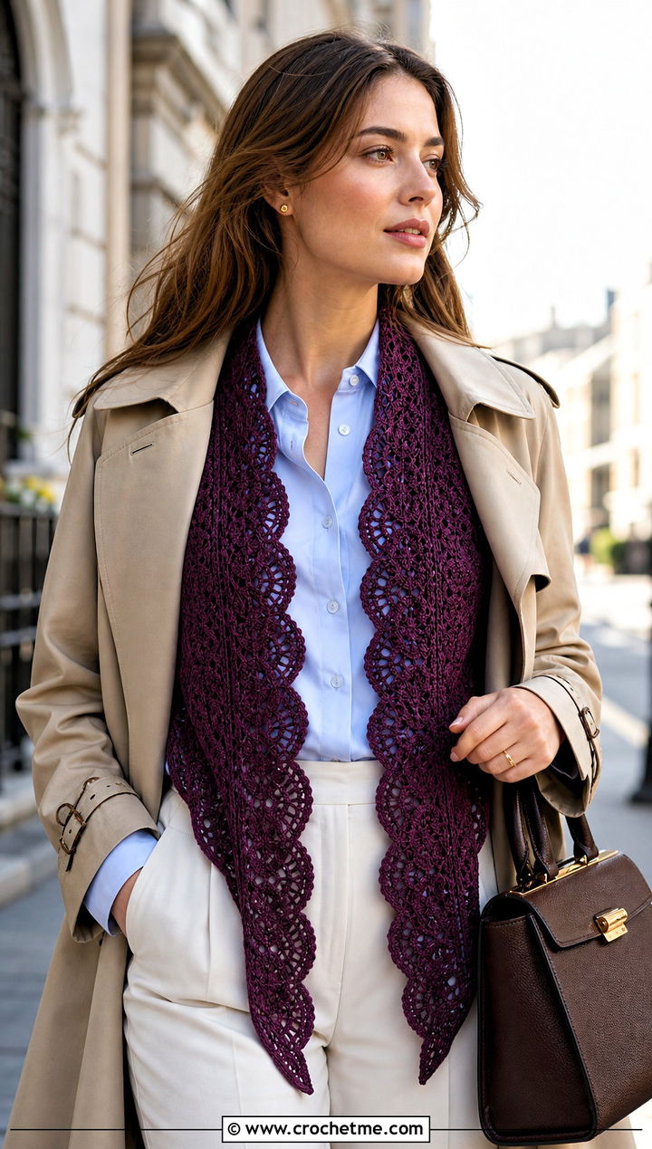 Scalloped Lace Crochet Shawl With Trench Coat - 15 Easy Lacy Crochet Shawl outfit ideas