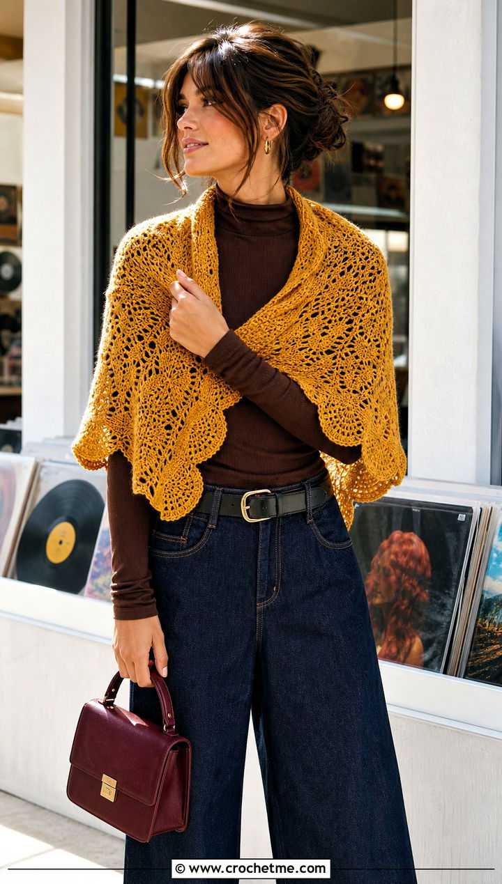 Scalloped Lace Crochet Shawl With Wide Leg Jeans - 25 Lace Crochet Shawl outfit ideas