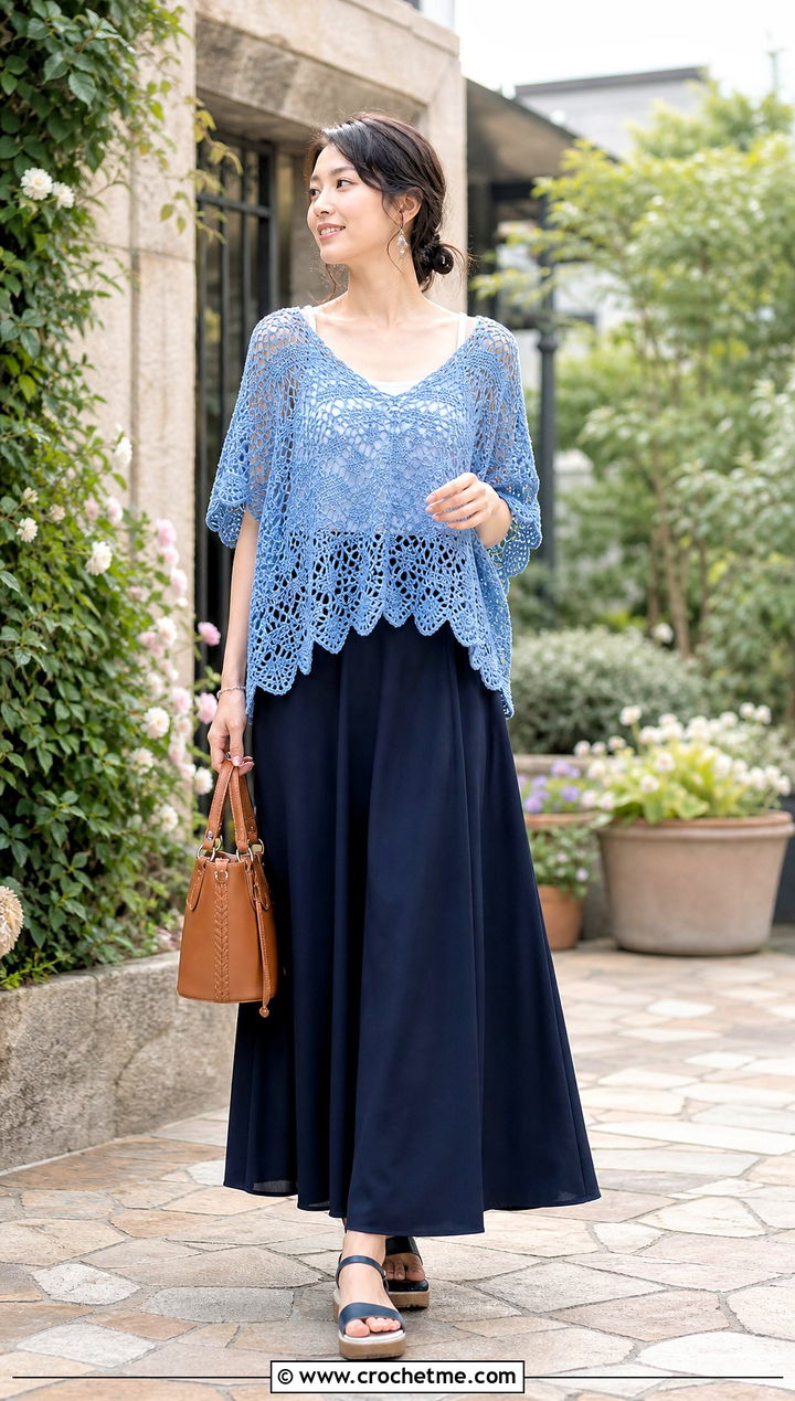 Scalloped Lace Crochet Summer Poncho With Maxi Skirt - 35 crochet summer poncho outfit ideas