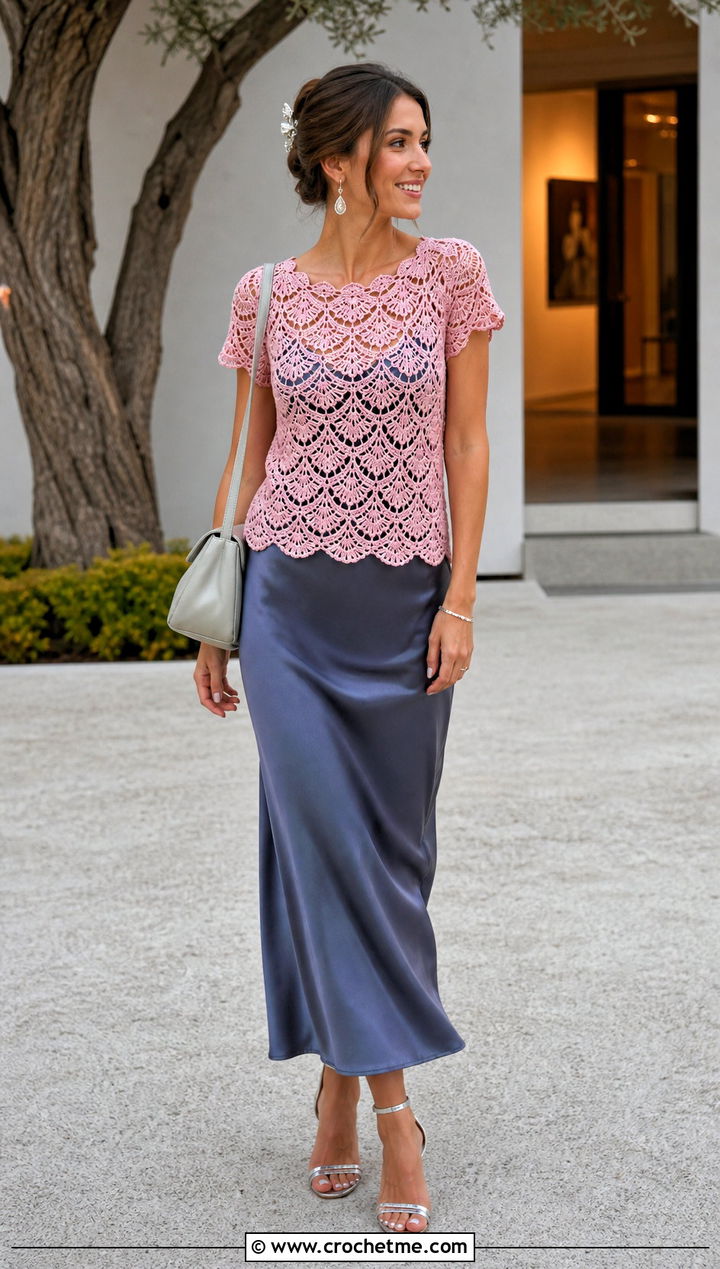 Scalloped Lace Crochet Tee Over A Slip Dress - 15 summer lace crochet tee outfit ideas