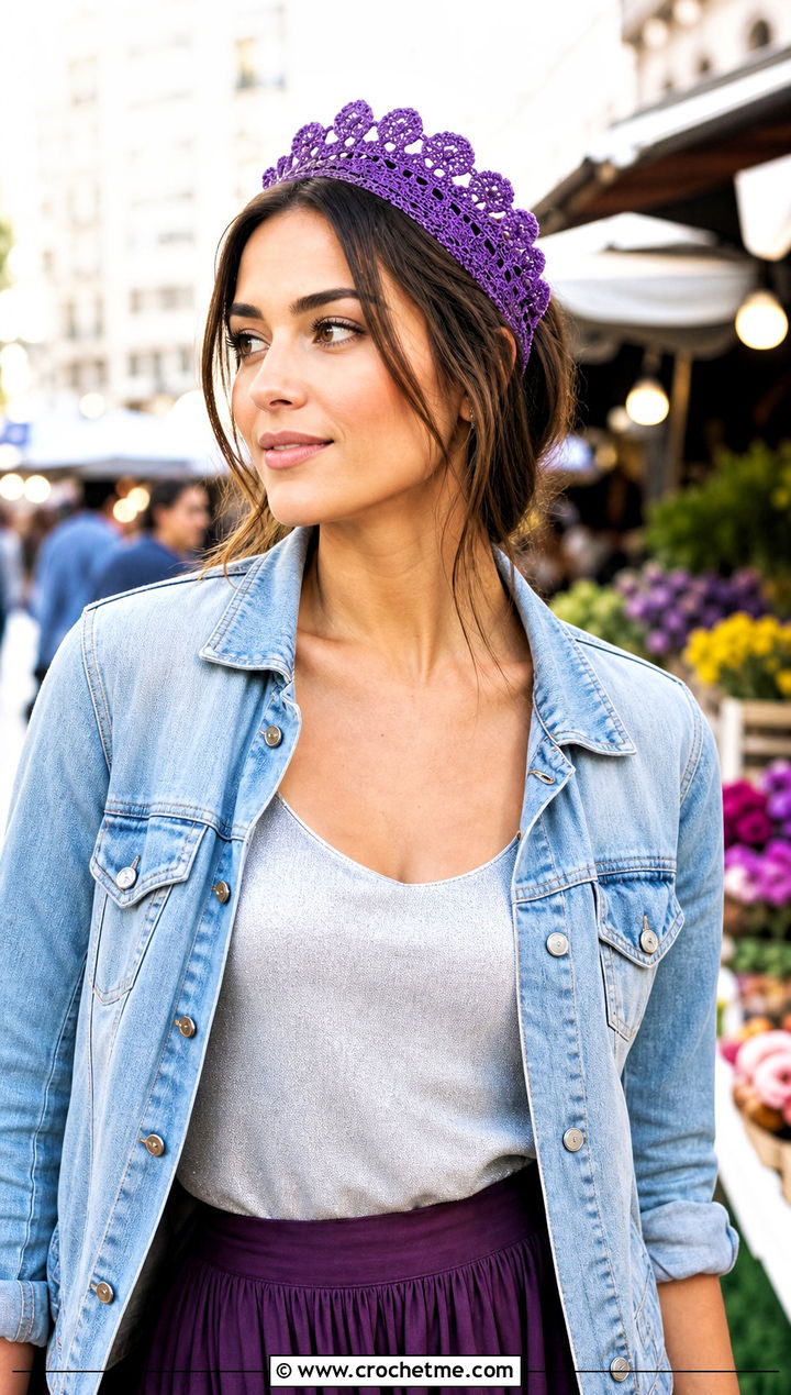 Scalloped Lace Crochet Tiara Headband With Denim Jacket - 30 crochet tiara headband outfit ideas