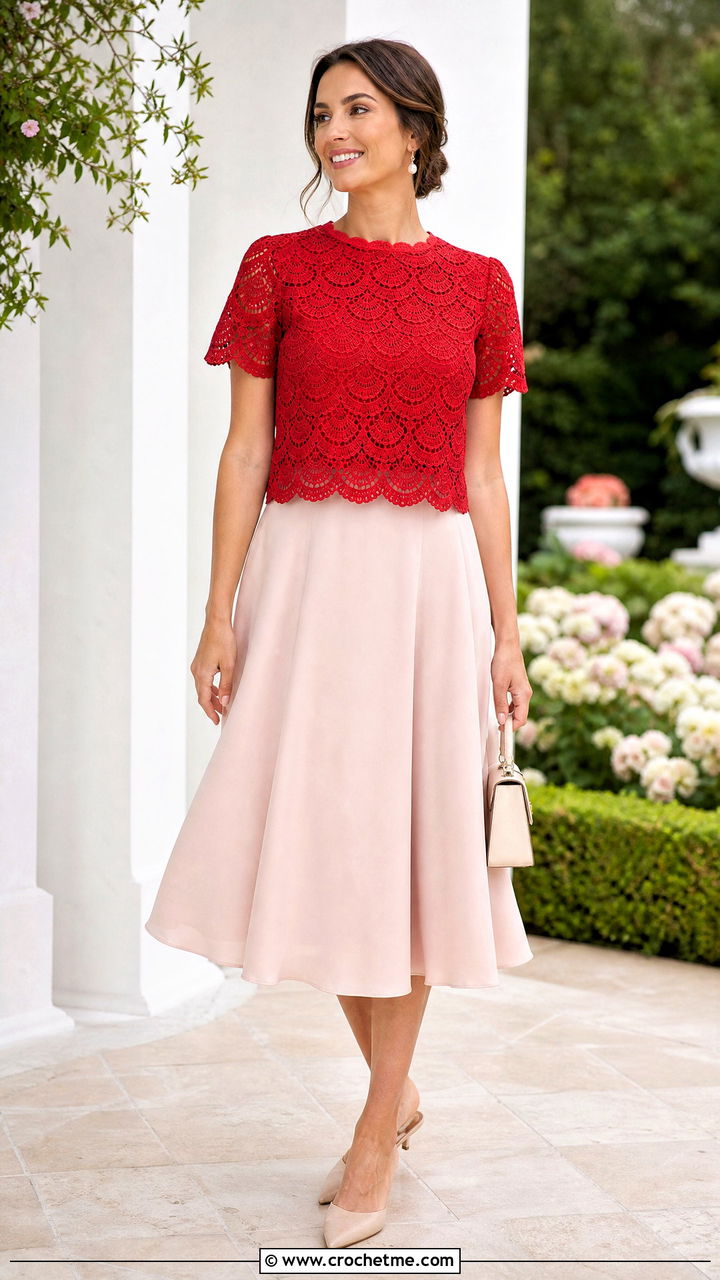 Scalloped Lace Crochet Top With A Line Midi Skirt - 35 lace crochet top outfit ideas