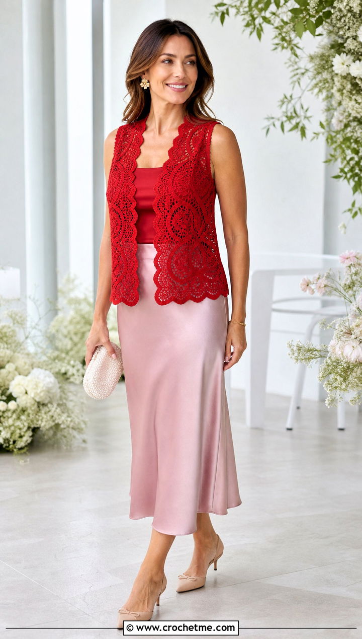 Scalloped Lace Crochet Vest With Satin Skirt - 25 beginner crochet vest outfit ideas